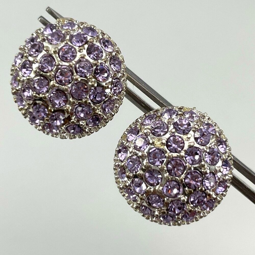 Stunning Silver Tone Purple Rhinestone Round Disc Stud Earrings Post Setting